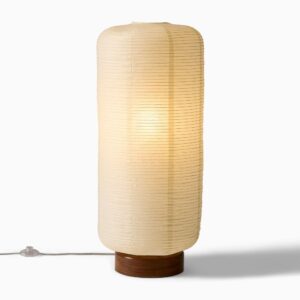 Stehlampe mit Holzfuß und Papierschirm, Steckanschluss, dimmbar