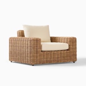 Gartenmöbel Set mit Sofa Sessel und rundem Tisch aus Rattan und Beton